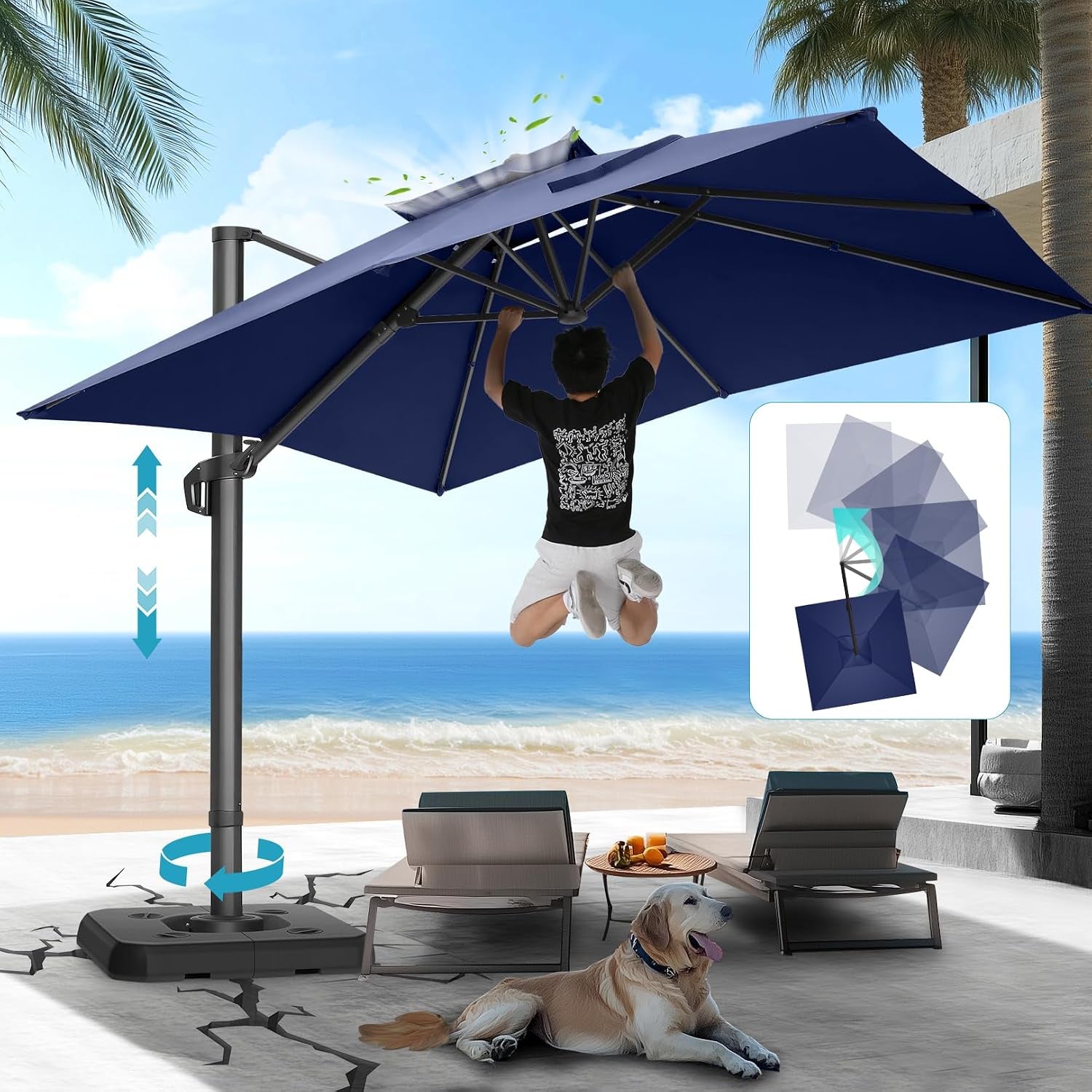 Royal blue cantilever umbrella tilted over poolside chairs, person under canopy and dog resting in foreground