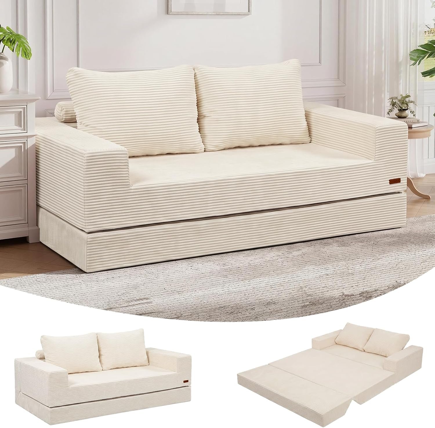 Cream corded-fabric low-profile futon sofa with two back cushions and armrests, shown in a living room with small thumbnails