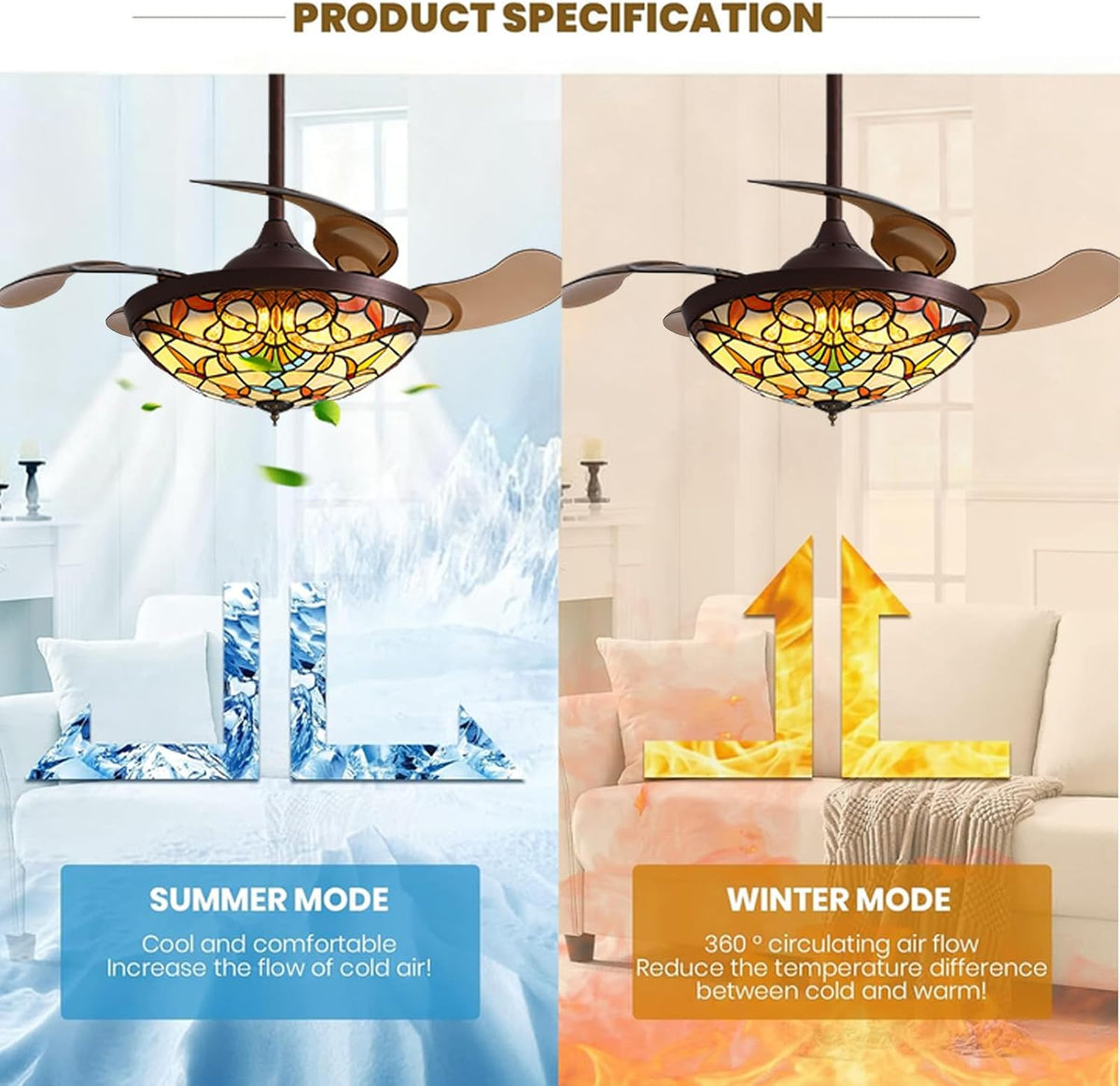 Side-by-side summer and winter mode comparison illustrating airflow directions for the ceiling fan