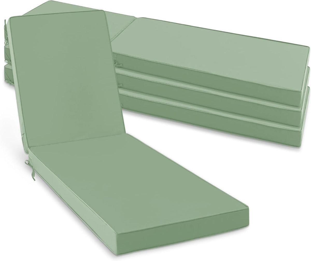 Stack of four green chaise lounge cushions with one cushion leaned forward, ties visible.