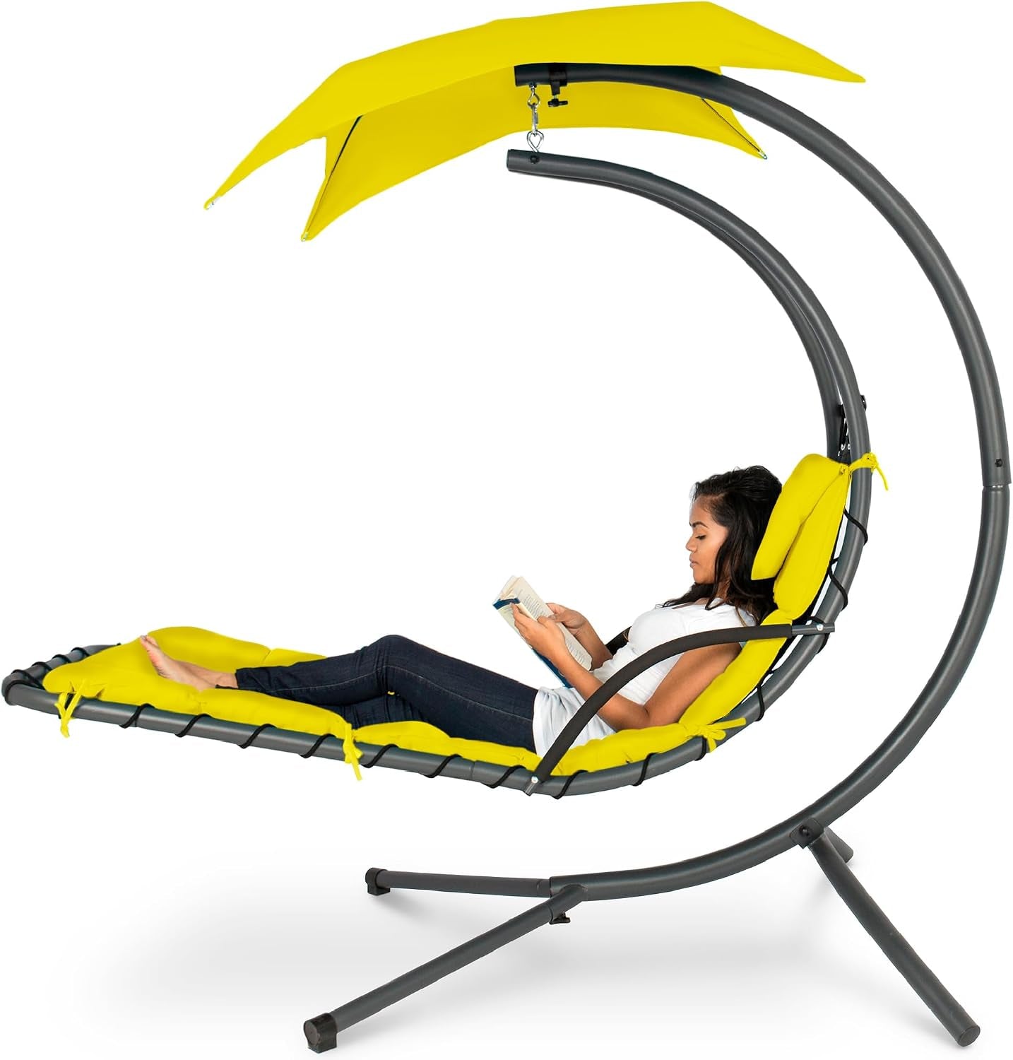 Side view of curved hanging chaise with bright yellow cushions and removable canopy