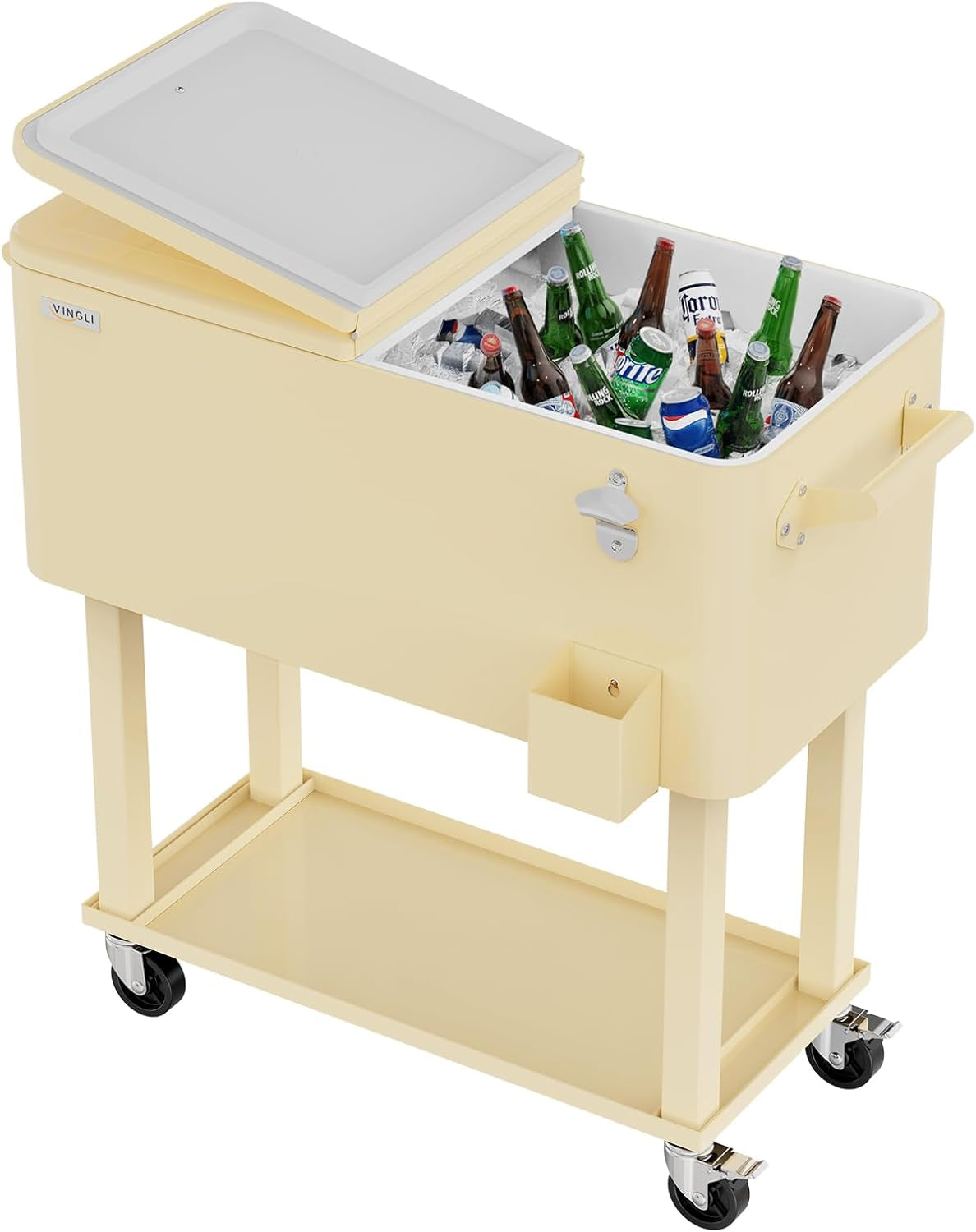 Cream-colored rolling cooler cart with open lid, bottles in ice, side cup holder and lower shelf on casters.