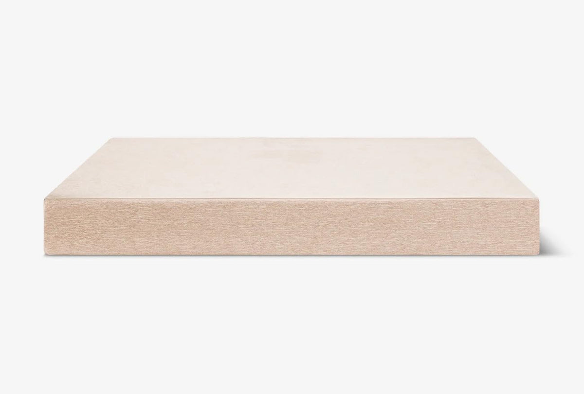 Front-facing view of a beige rectangular dog mattress with a linen-like cover set flat on a white background