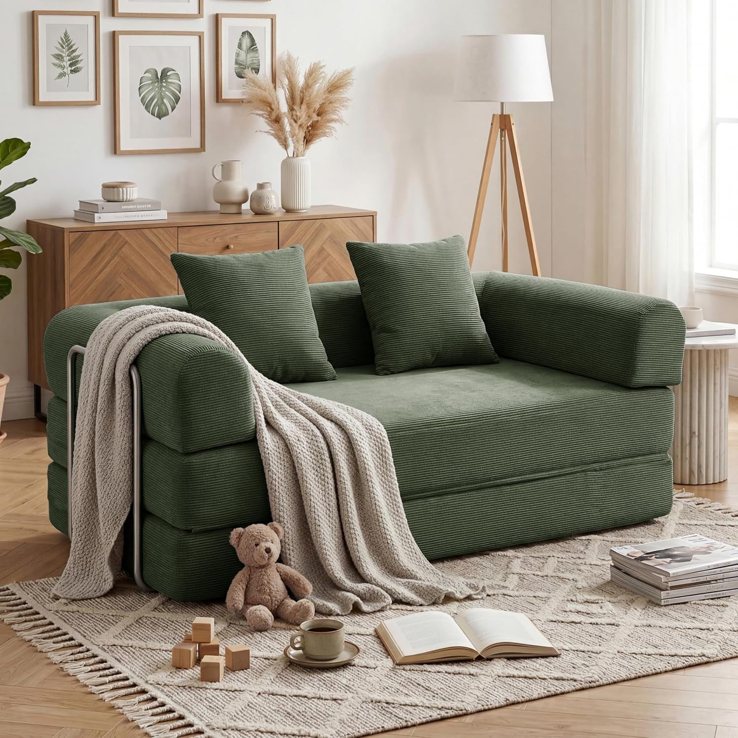 Green corduroy convertible sofa set in a styled living room with throw, teddy, and pillows.