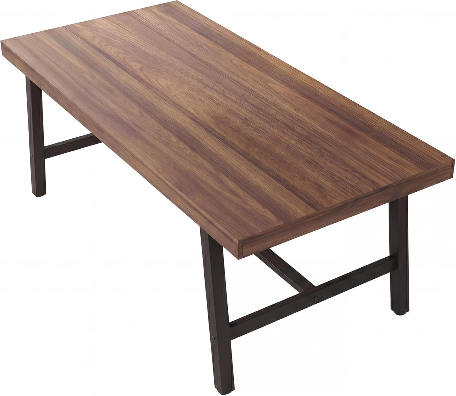 Brown laminate tabletop and black steel leg frame shown at an angled top-down studio view on a white background