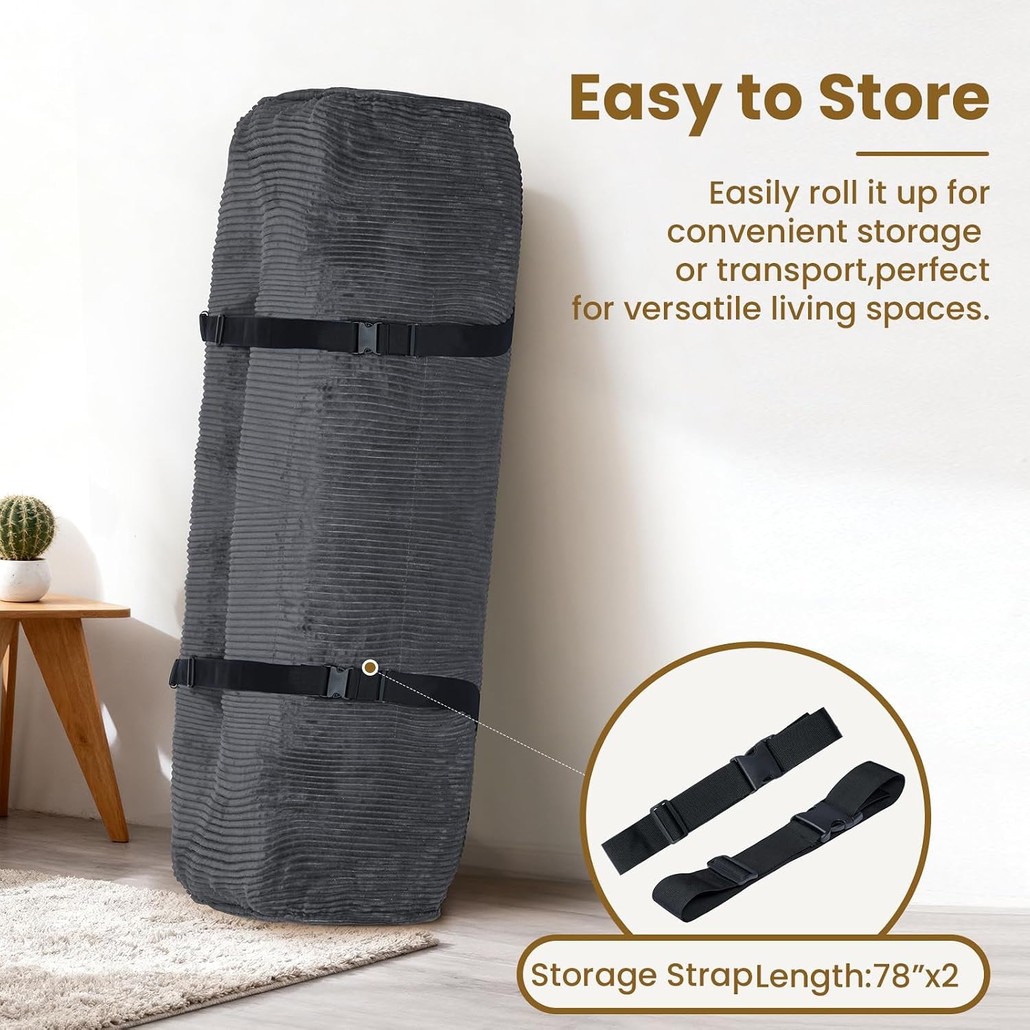 Grey mattress rolled upright and secured with two black storage straps, with inset close-up of the strap buckles.