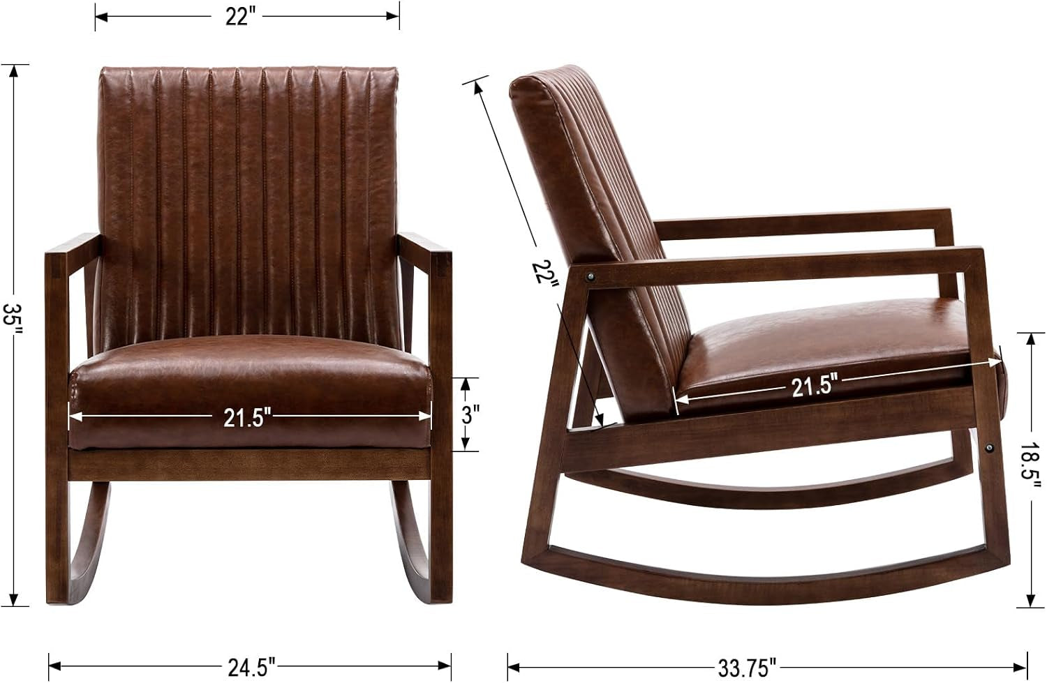 Brown faux leather rocking chair front and side views with dimension callouts on white background