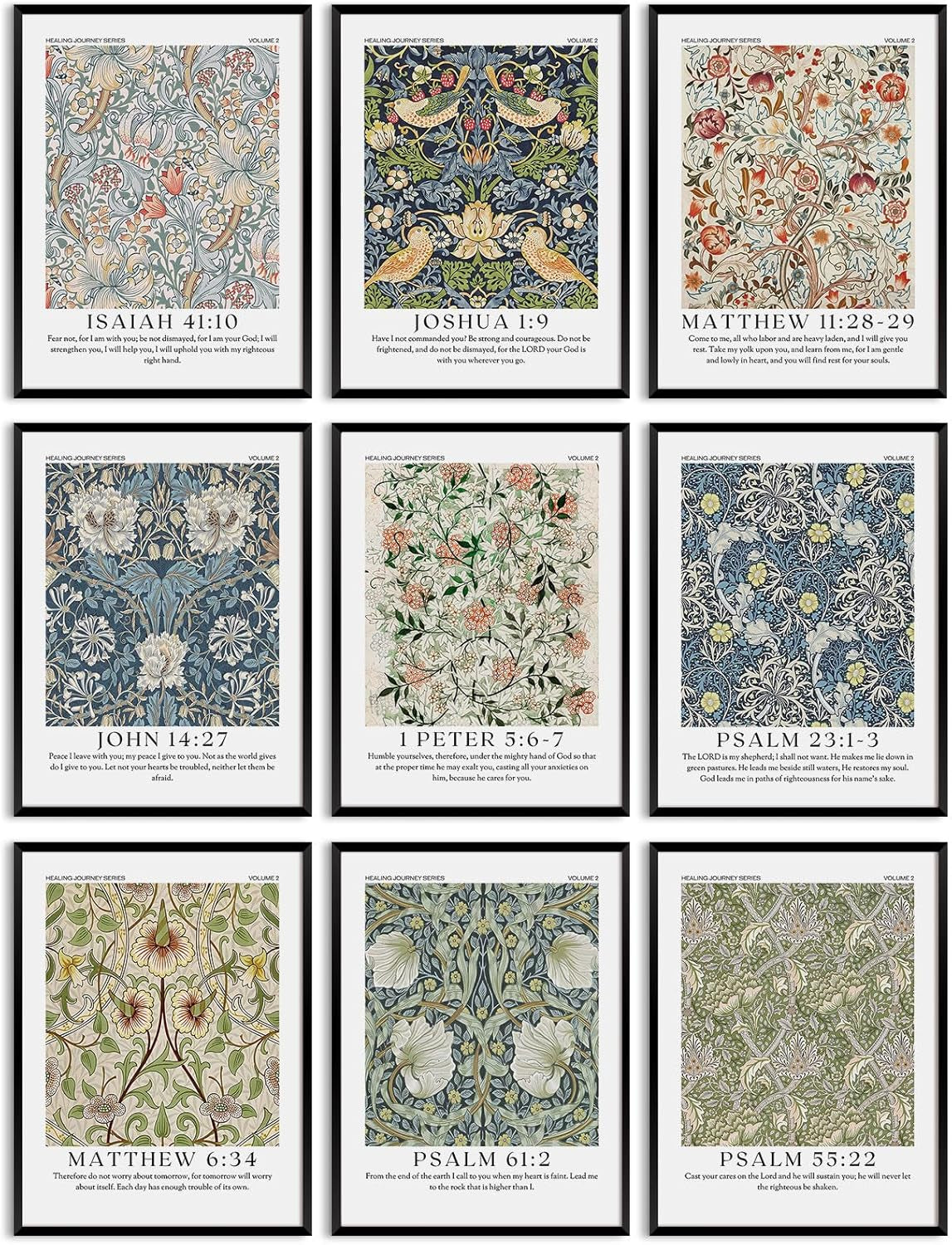 Nine framed botanical and floral prints arranged in a 3x3 grid on a white background.