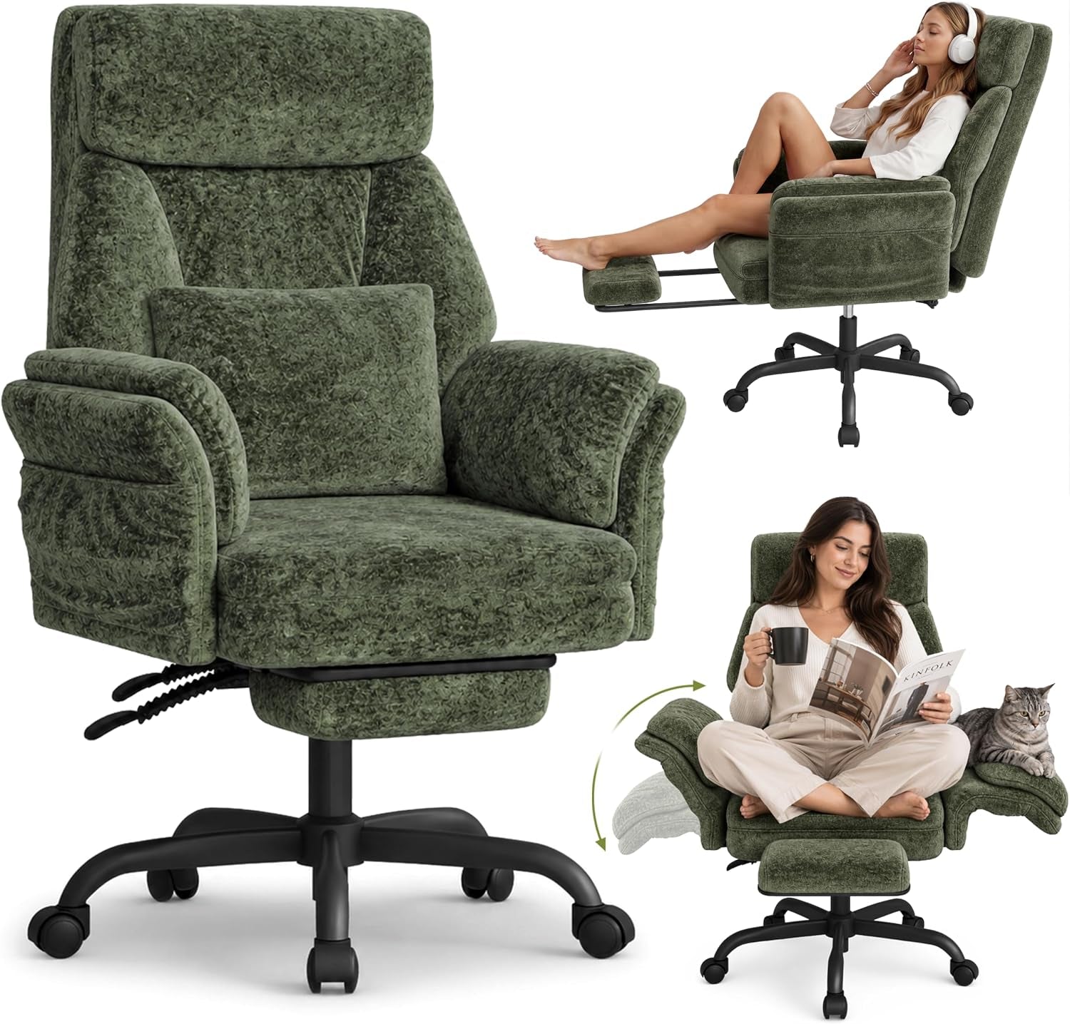 Moss green velour high-back reclining chair front angle with padded footrest extended and five-star caster base