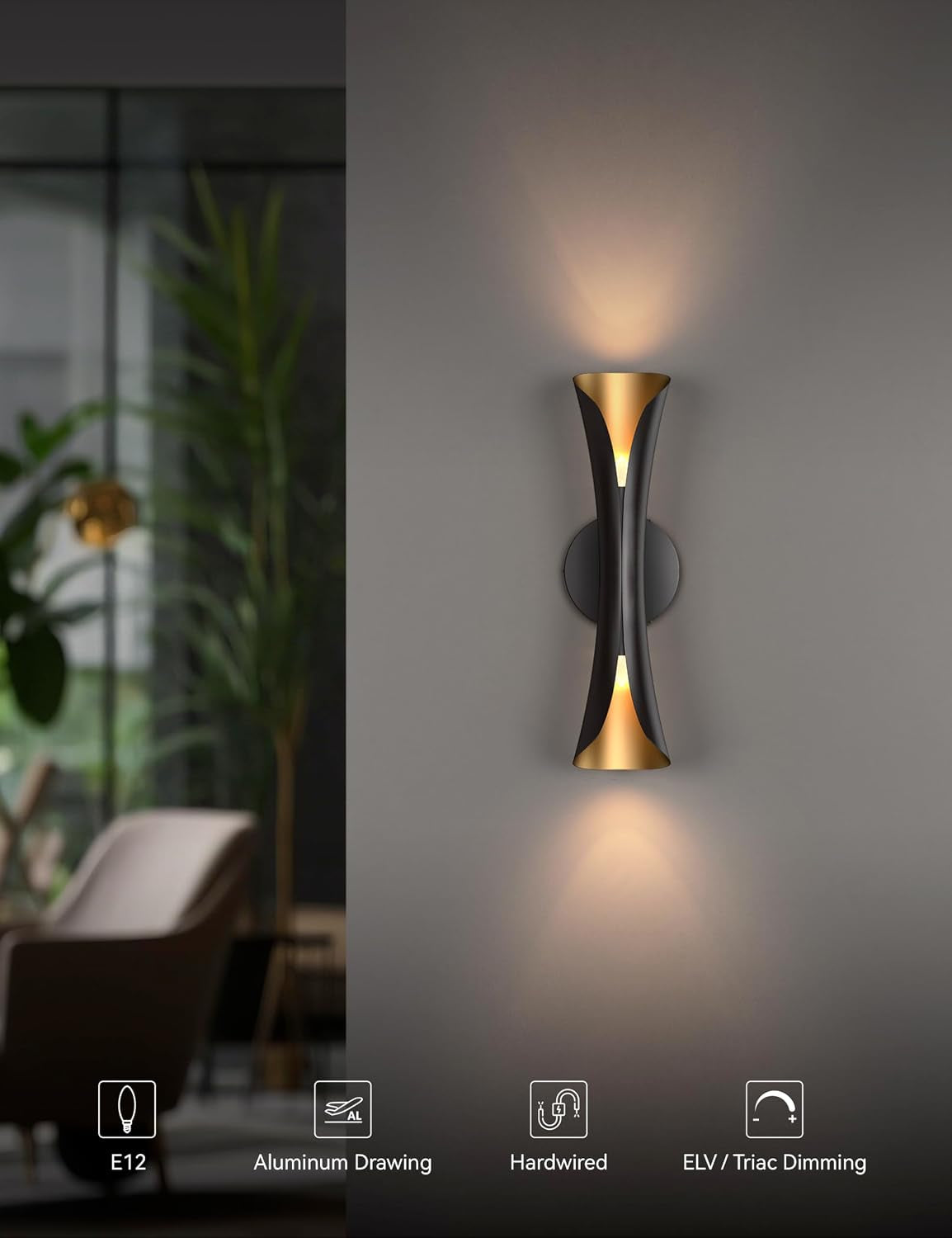 Single sconce lit on a gray wall beside a living area, showing warm light effects.