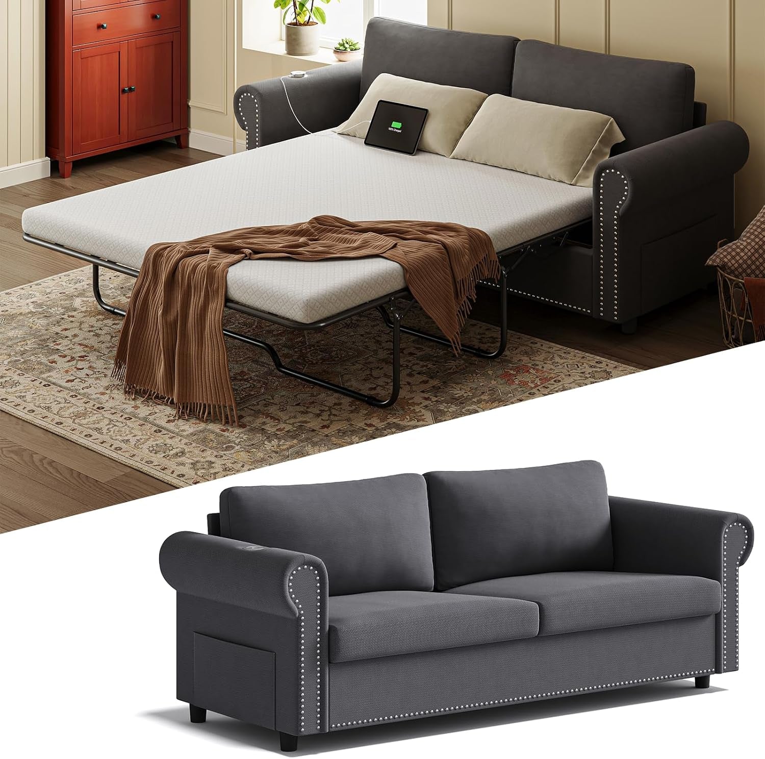Dark gray roll-arm sofa bed shown extended on a patterned rug with matching studio sofa below