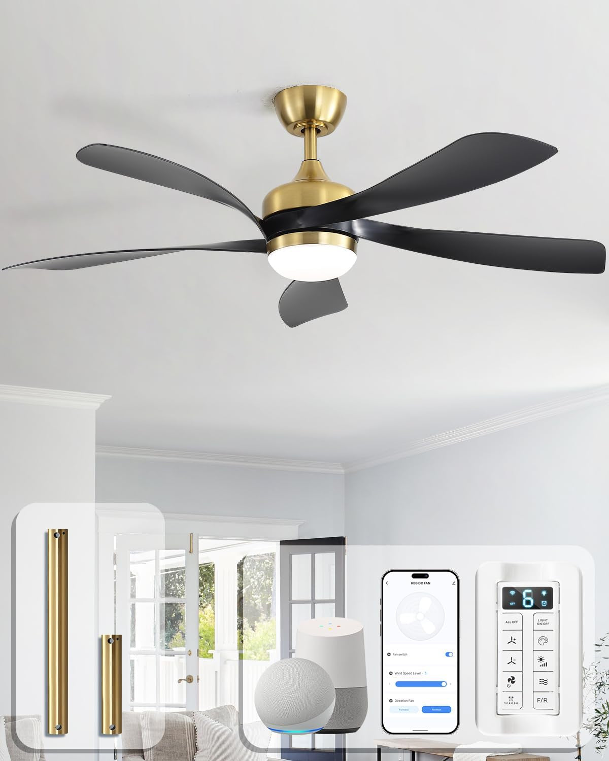 Centered underside perspective of a gold motor ceiling fan showing the curved black blades and lit circular light against a
