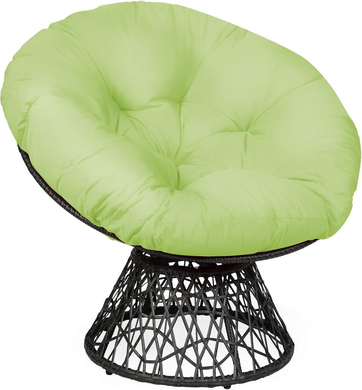 Top-angle shot of the chair with a bright lime-green tufted cushion over the woven frame.