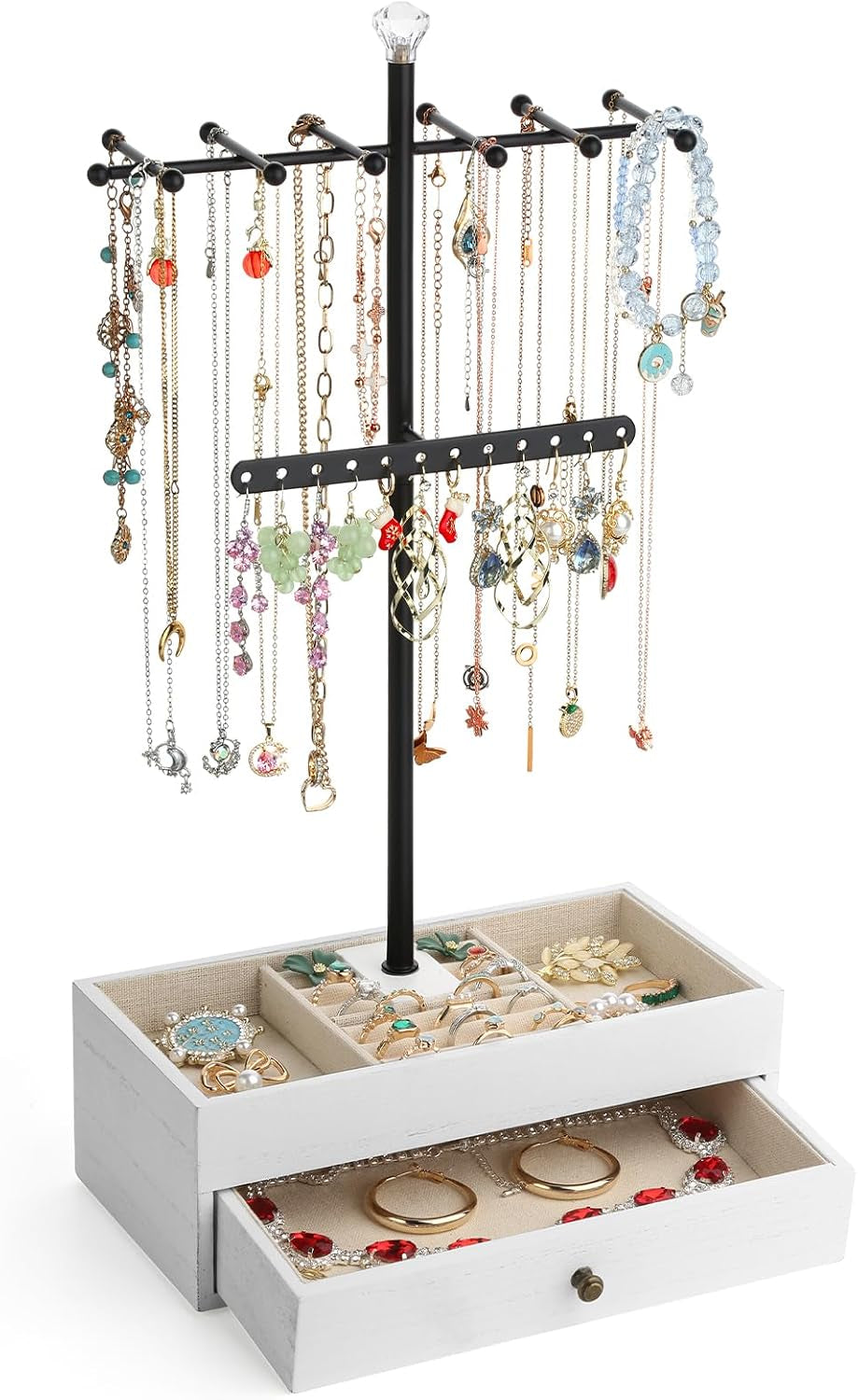 Angled view of a white necklace tree with lined ring compartments and an open bottom drawer displaying jewelry