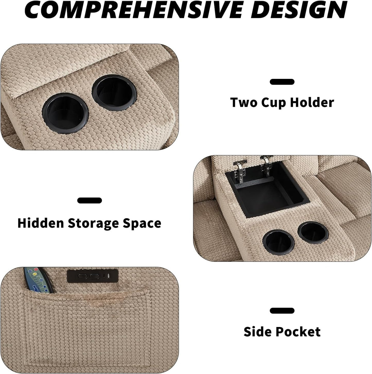 Feature collage showing two cup holders, hidden storage and a side pocket on the light brown recliner sofa