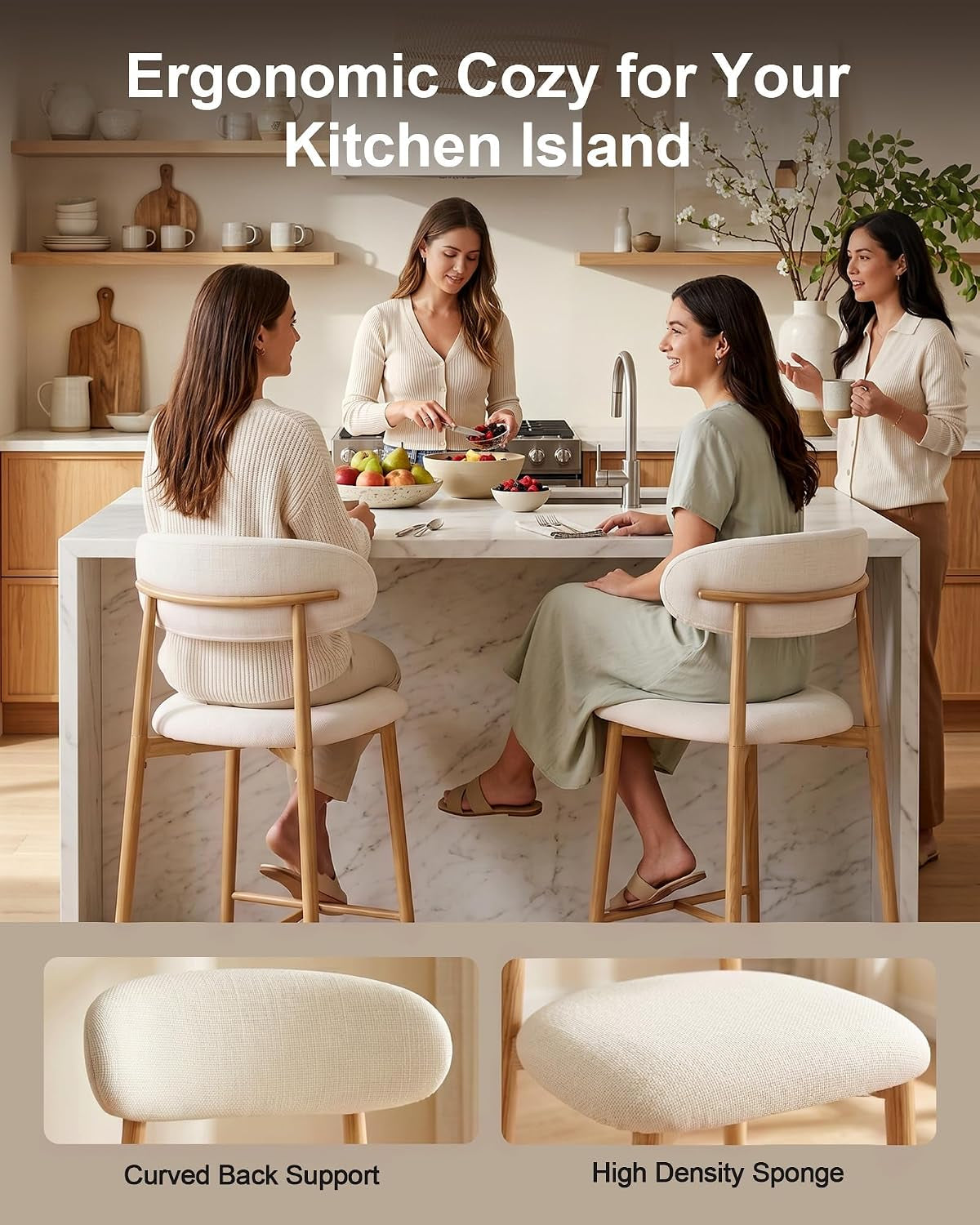 Three people seated on beige counter stools at an island; two small close-ups of the stool back and seat below.