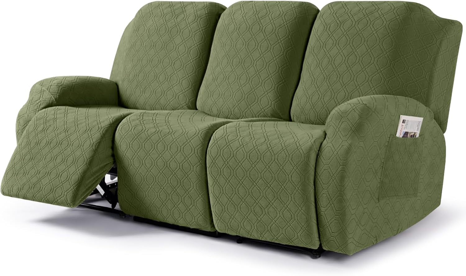 Three-seat reclining sofa dressed in olive green textured slipcover with left footrest extended and smooth rounded arms.
