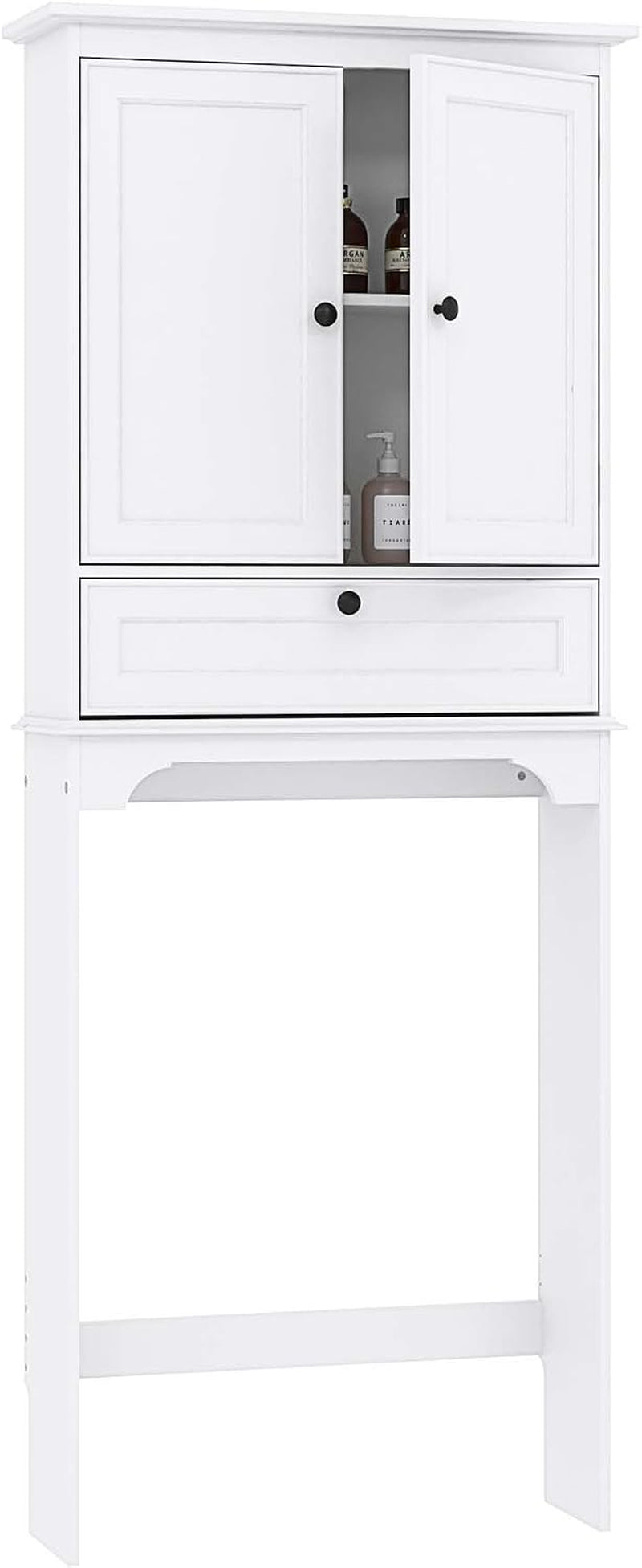 White cabinet front with one upper door partially open revealing bottles on an interior shelf