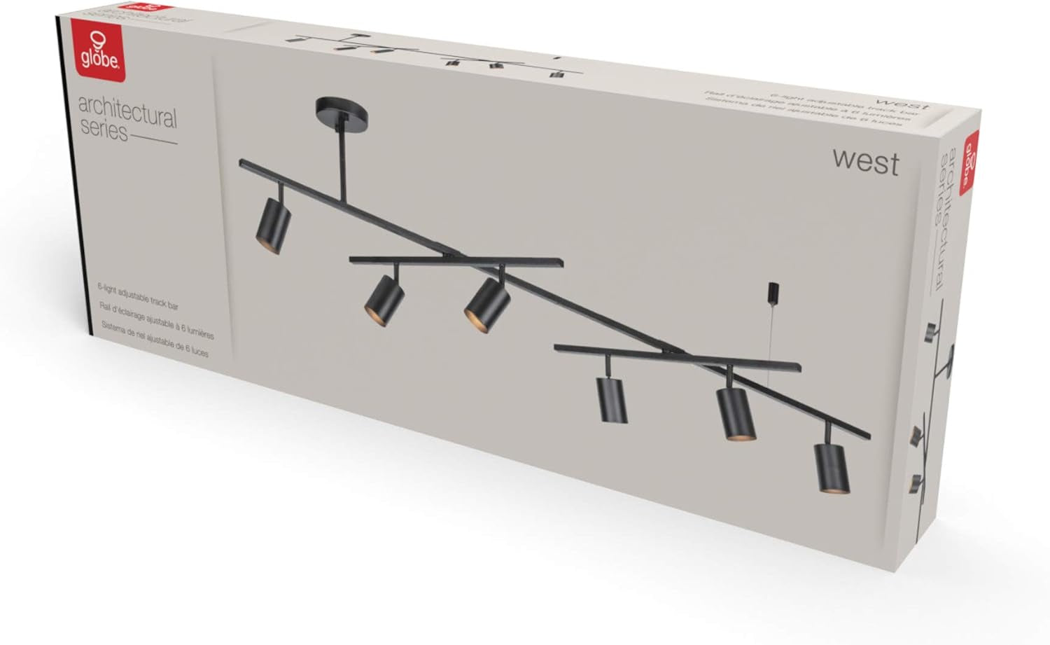 Angled product box showing an illustration of the black six-light track fixture on neutral background