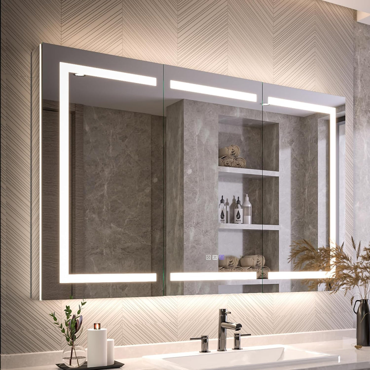 Three-panel mirrored cabinet showing two lit horizontal LED strips and a central mirrored seam reflecting recessed shelving