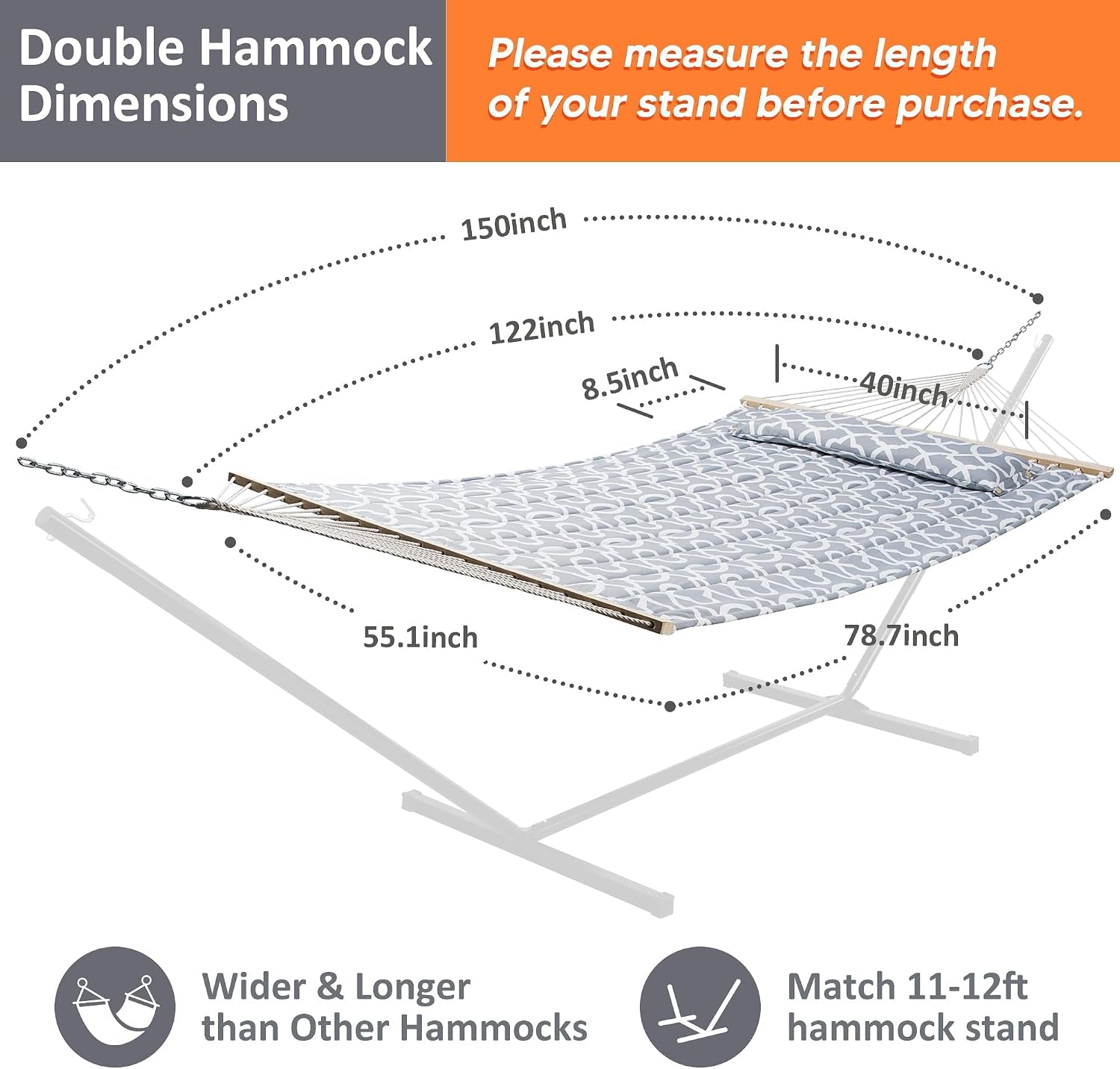 Graphic illustration showing hammock dimensions and recommended 11–12 ft hammock stand compatibility