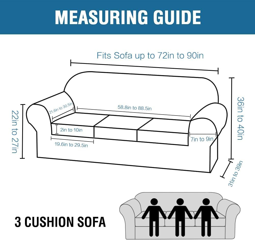 Line-drawn three-cushion sofa diagram showing measurement callouts and three-person icon at bottom