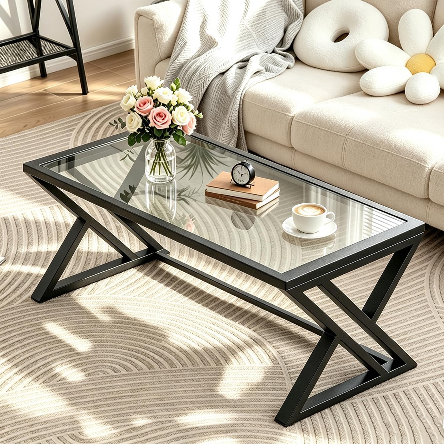 Black X‑leg coffee table with clear glass top in a bright living room, vase, clock and cup on top.