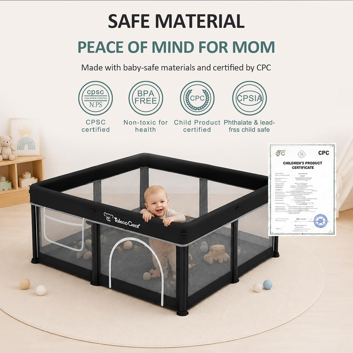 Black square playpen on a round rug with a smiling baby inside and certification icons above