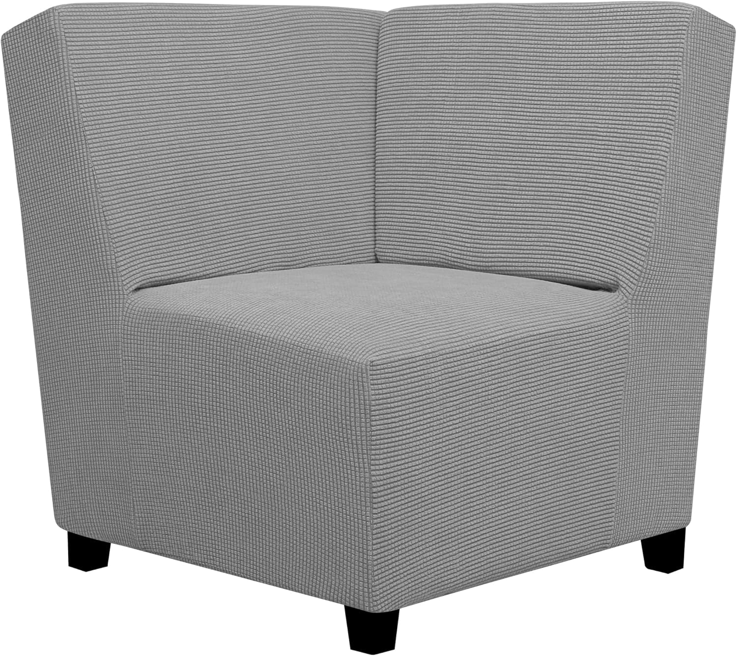 Three-quarter side view of a corner chair with a light gray ribbed stretch cover and visible black wooden feet.