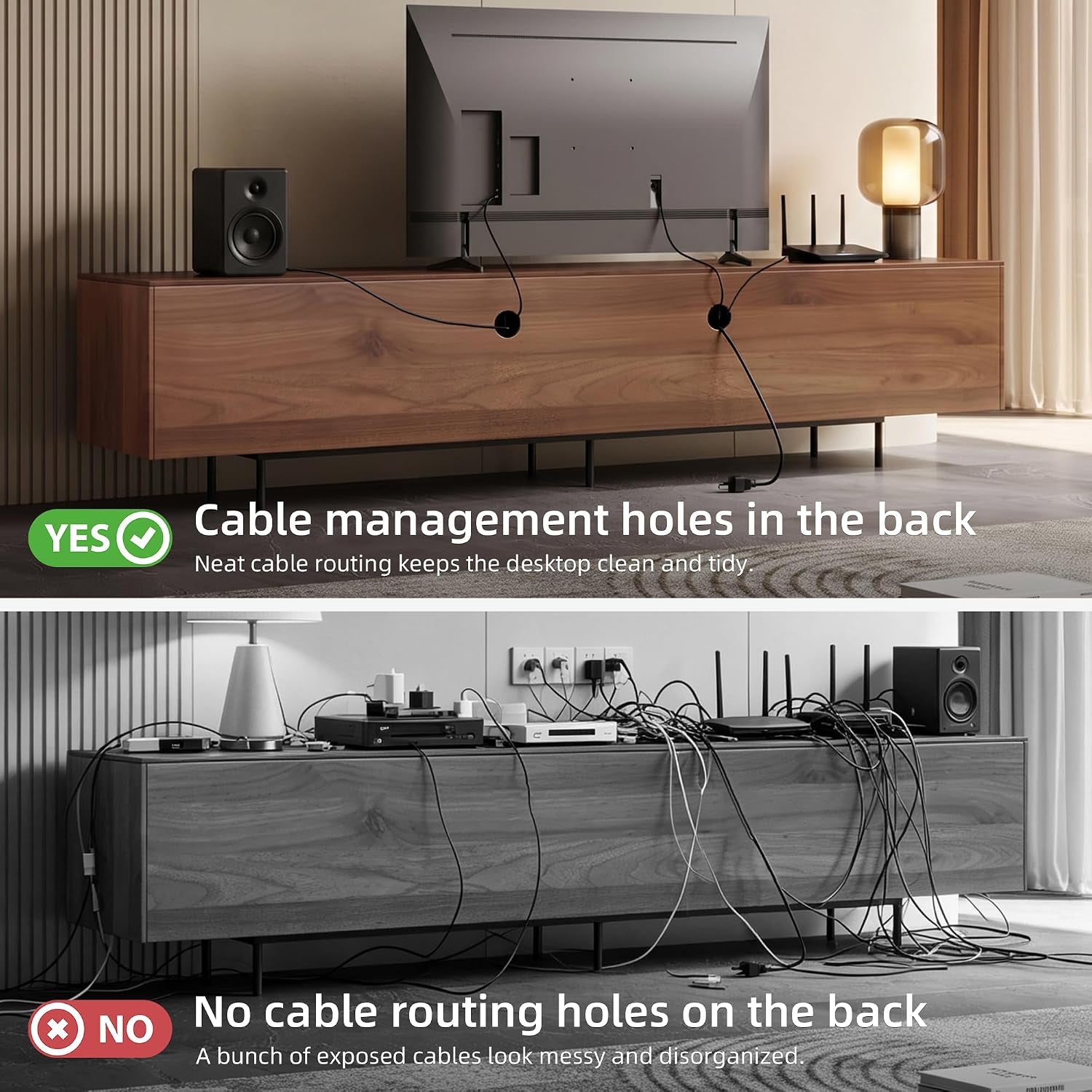 Comparison graphic showing two rear cable holes versus a cabinet back surrounded by loose cables.