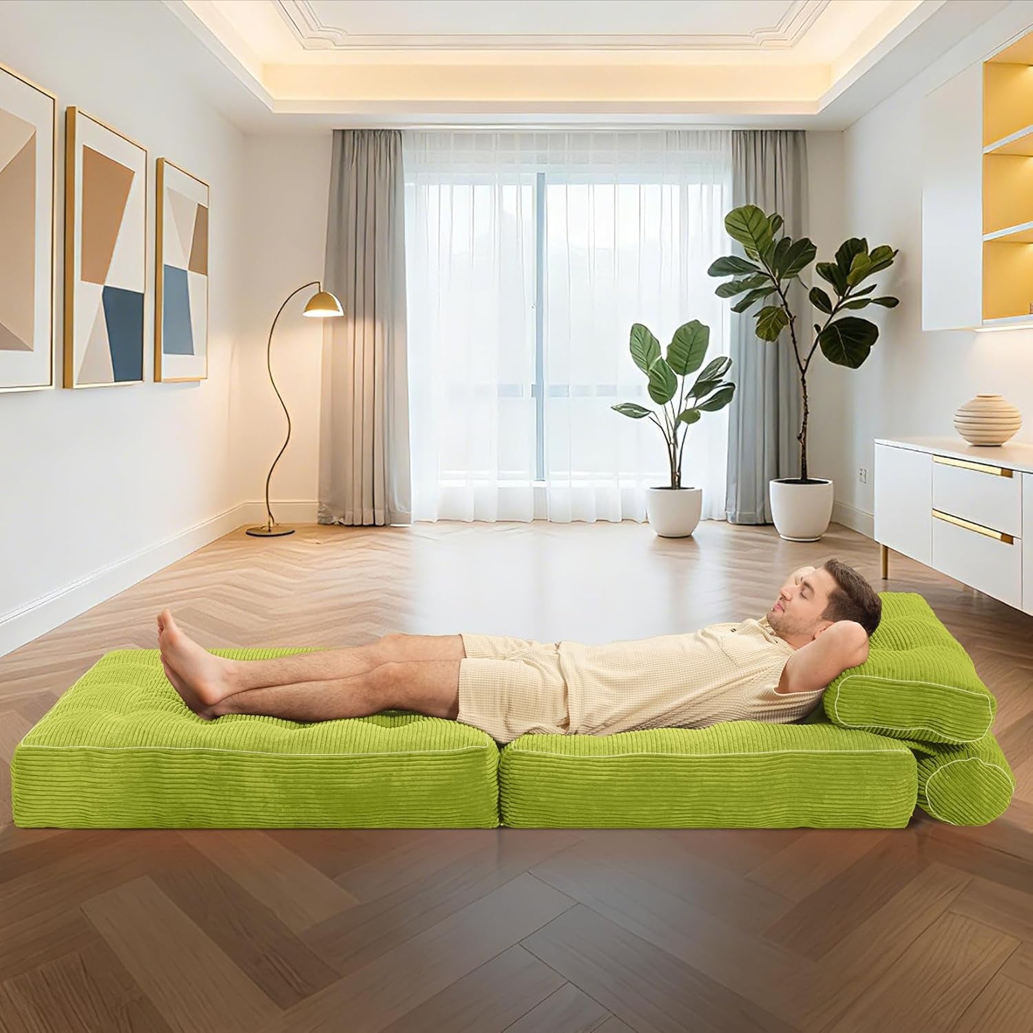 Two-panel front view showing handle, hidden zipper and buckle details on green corduroy sofa