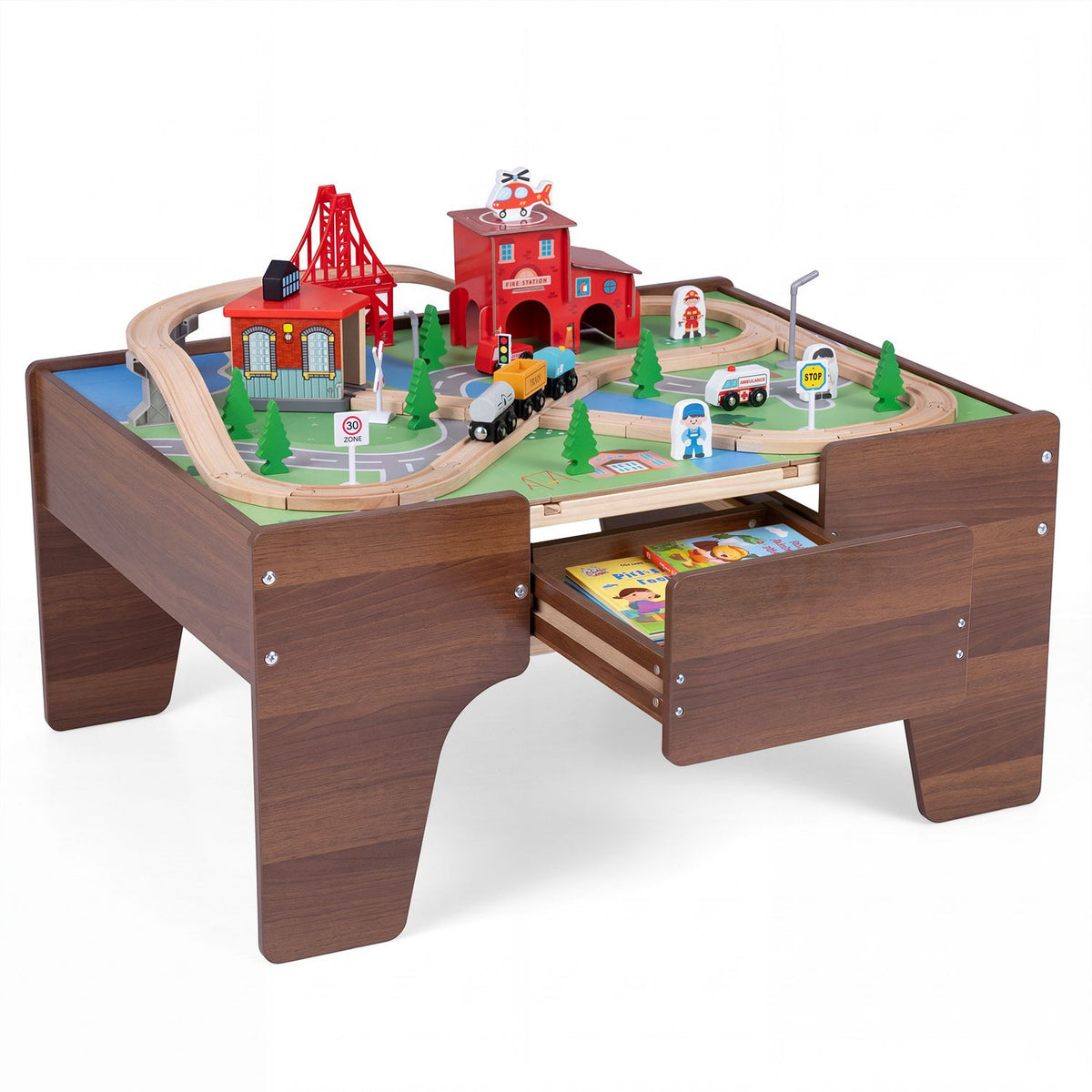 A wooden train table with its storage drawer pulled open beneath the colorful train layout.