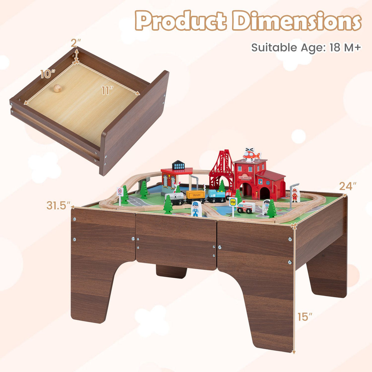 Train table and open drawer shown with measurement arrows and labels.