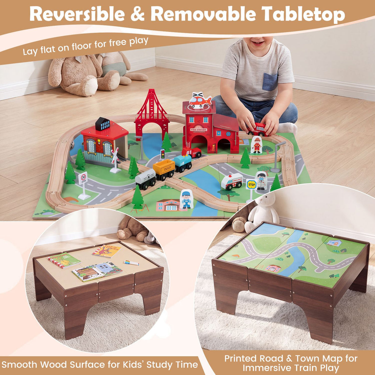 Child plays with toy trains on a wooden table; inset views show its plain wood and town-map surfaces.