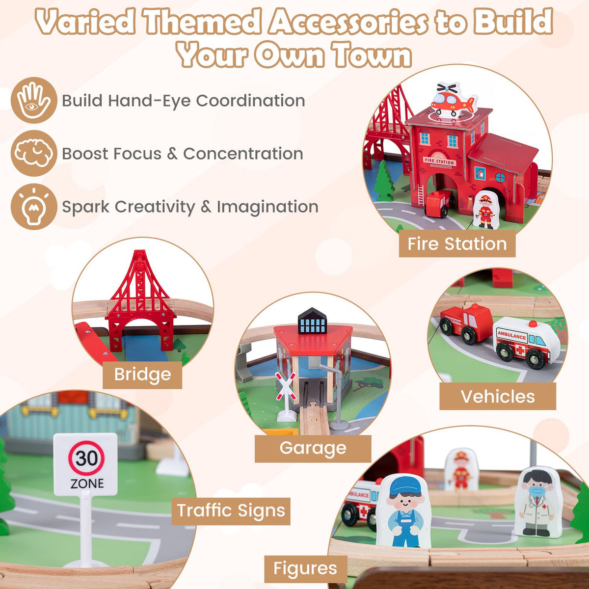 Close-up collage of toy train-town accessories, including a bridge, garage, fire station, vehicles, signs, and figures.
