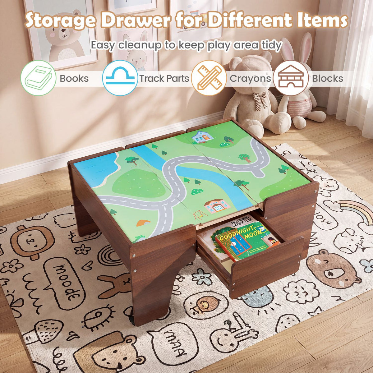 Wooden play table with a road-map surface and an open drawer holding books, on a patterned rug.