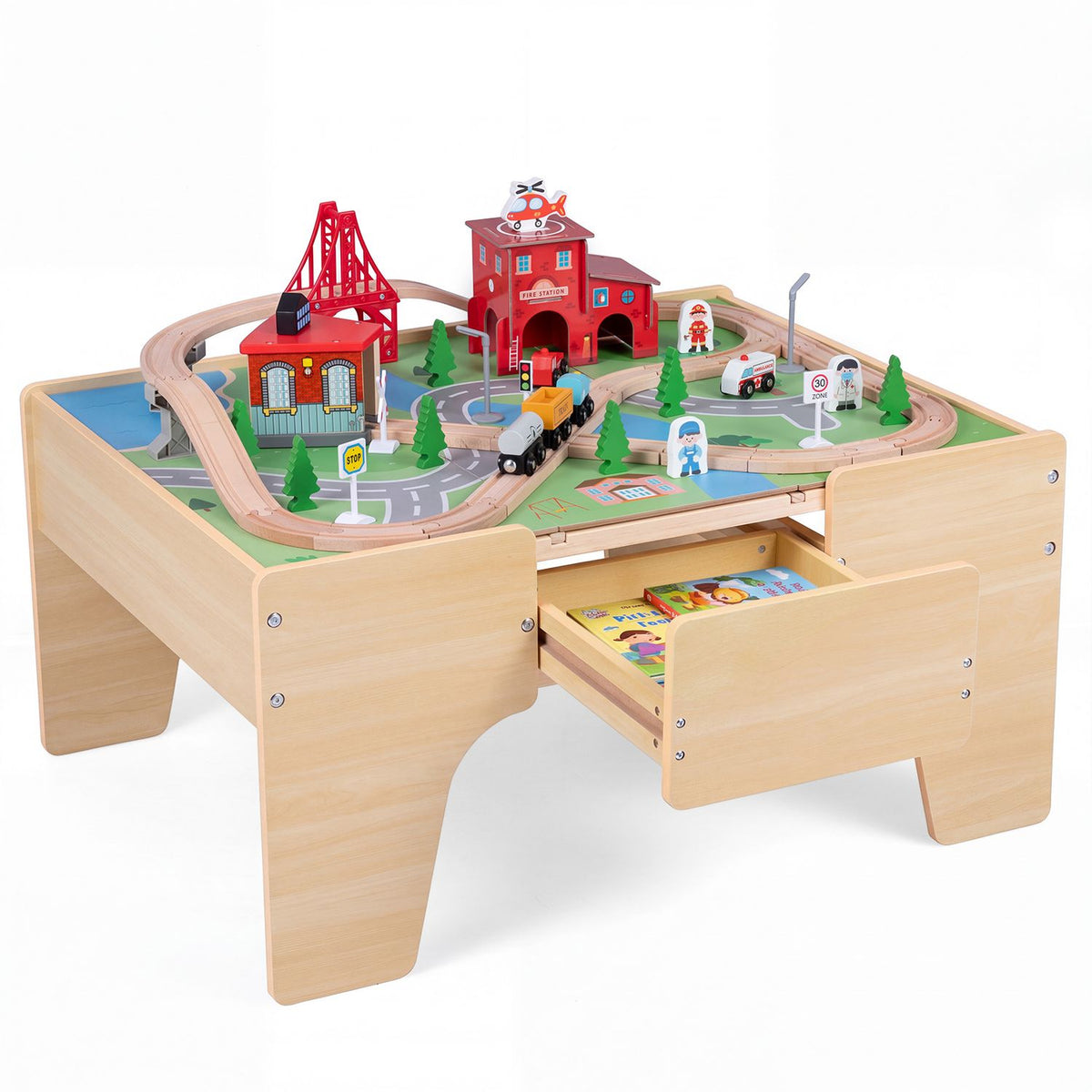 Wooden train table with a storage drawer pulled open beneath the play surface.