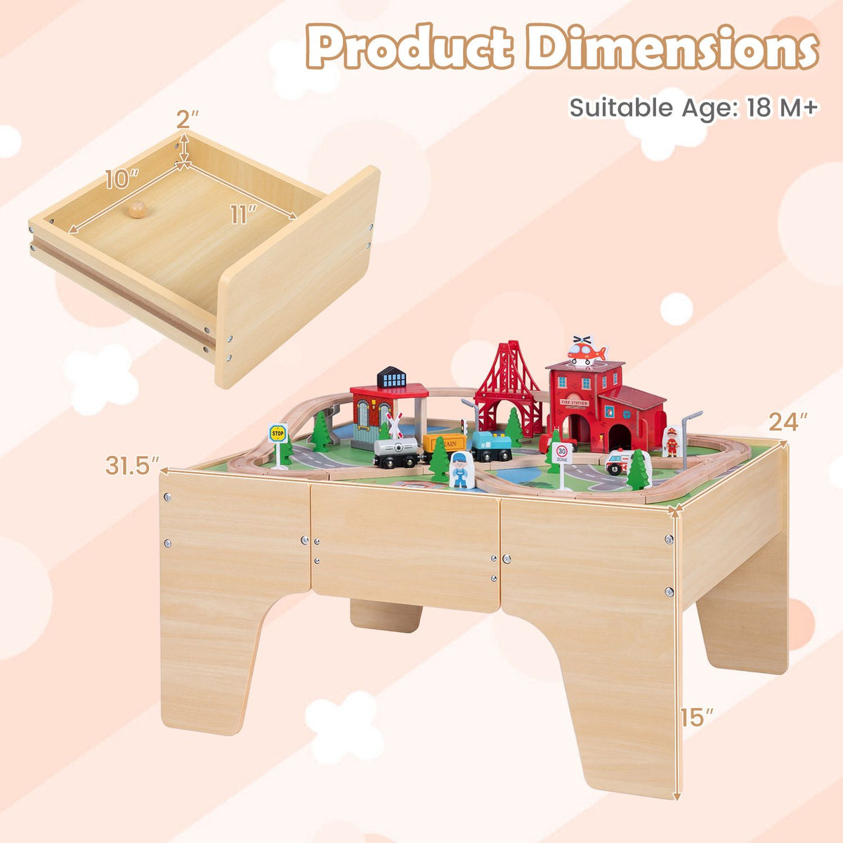 Train table and open drawer shown with measurement arrows on a peach background.