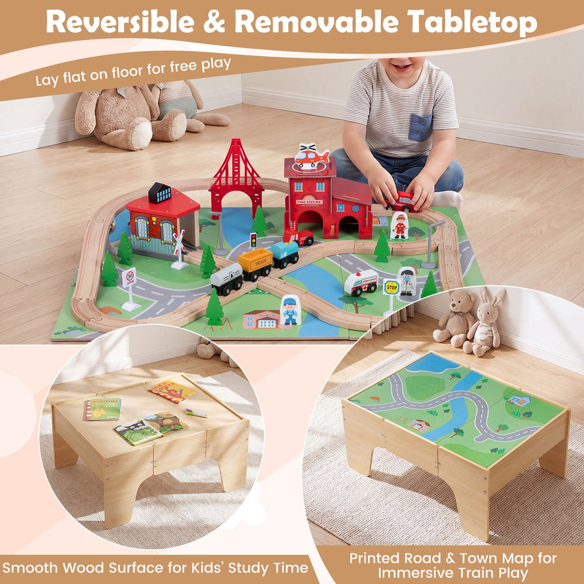Child plays with trains on a wooden table with a town map, plus insets showing its plain and printed sides.