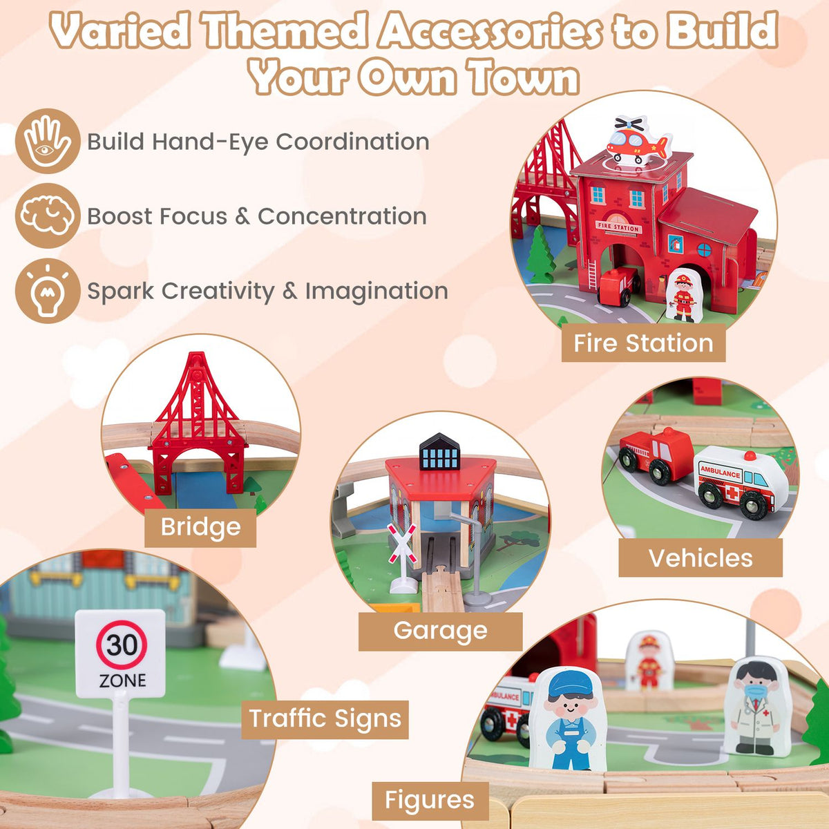 Collage of miniature train-town accessories, including a bridge, garage, vehicles, signs, figures and fire station.