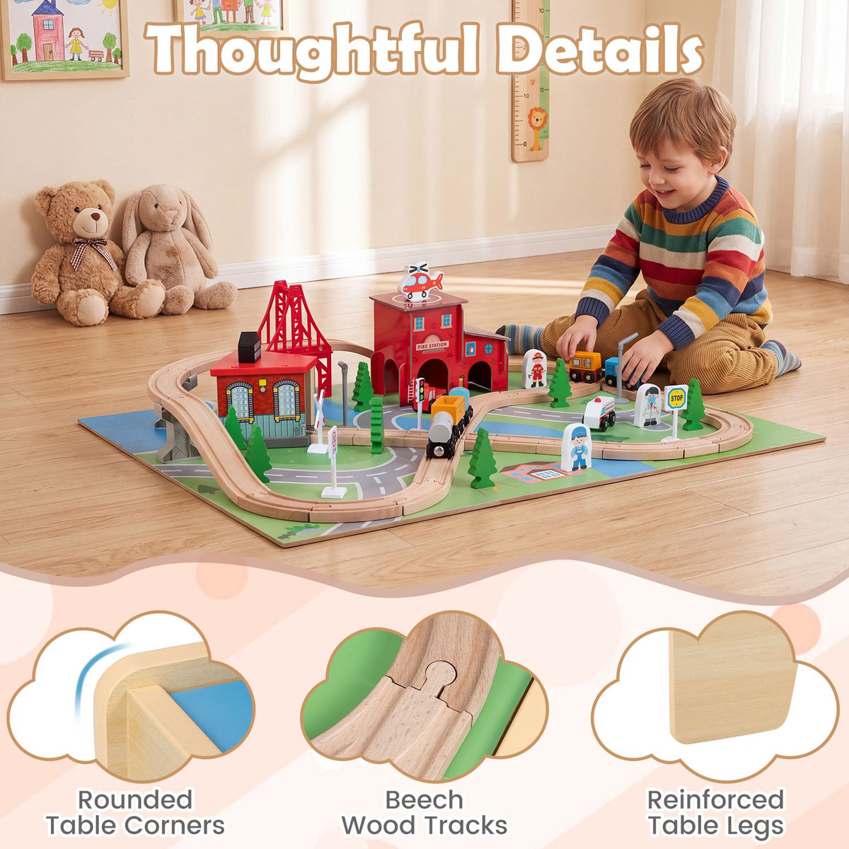 Child plays with a train set on the table; insets show rounded corners, wooden tracks and reinforced legs.