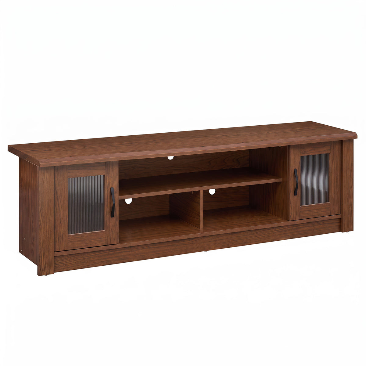 Brown TV stand shown alone, with two fluted cabinet doors and open center shelves.