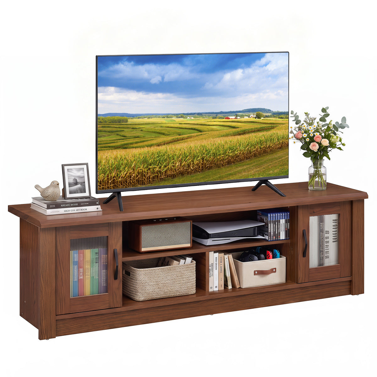 Brown TV stand with a television and decorative items on top, with books and baskets arranged on its open shelves.