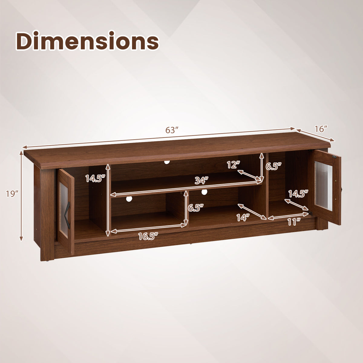 Wooden TV stand shown with its doors open and measurement arrows around the exterior and compartments.