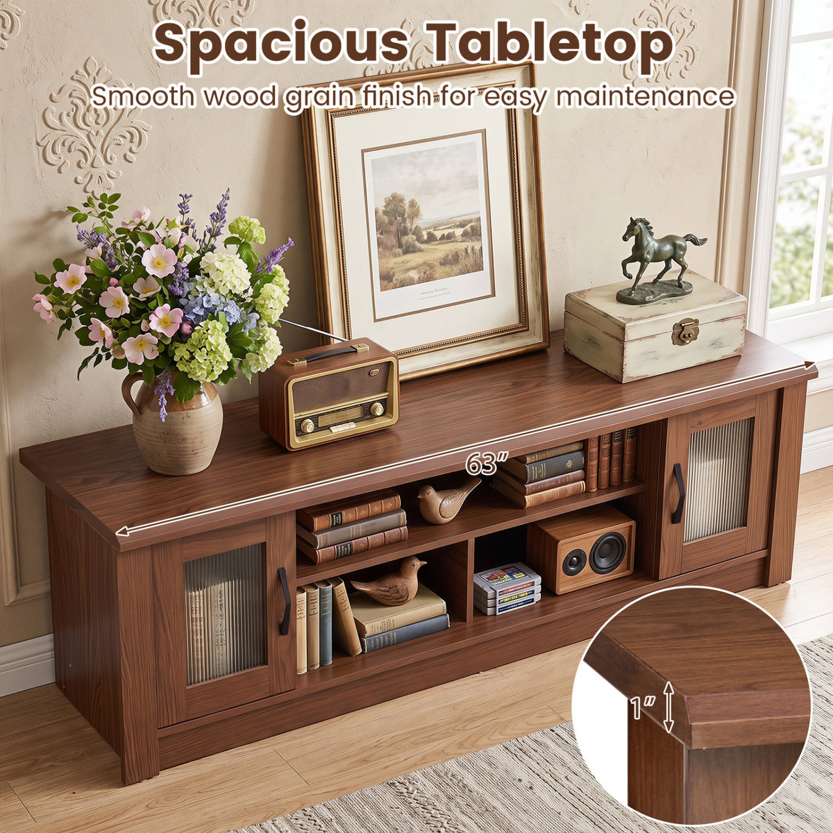 Angled view of the TV stand with decor on top and a circular close-up of the tabletop edge.