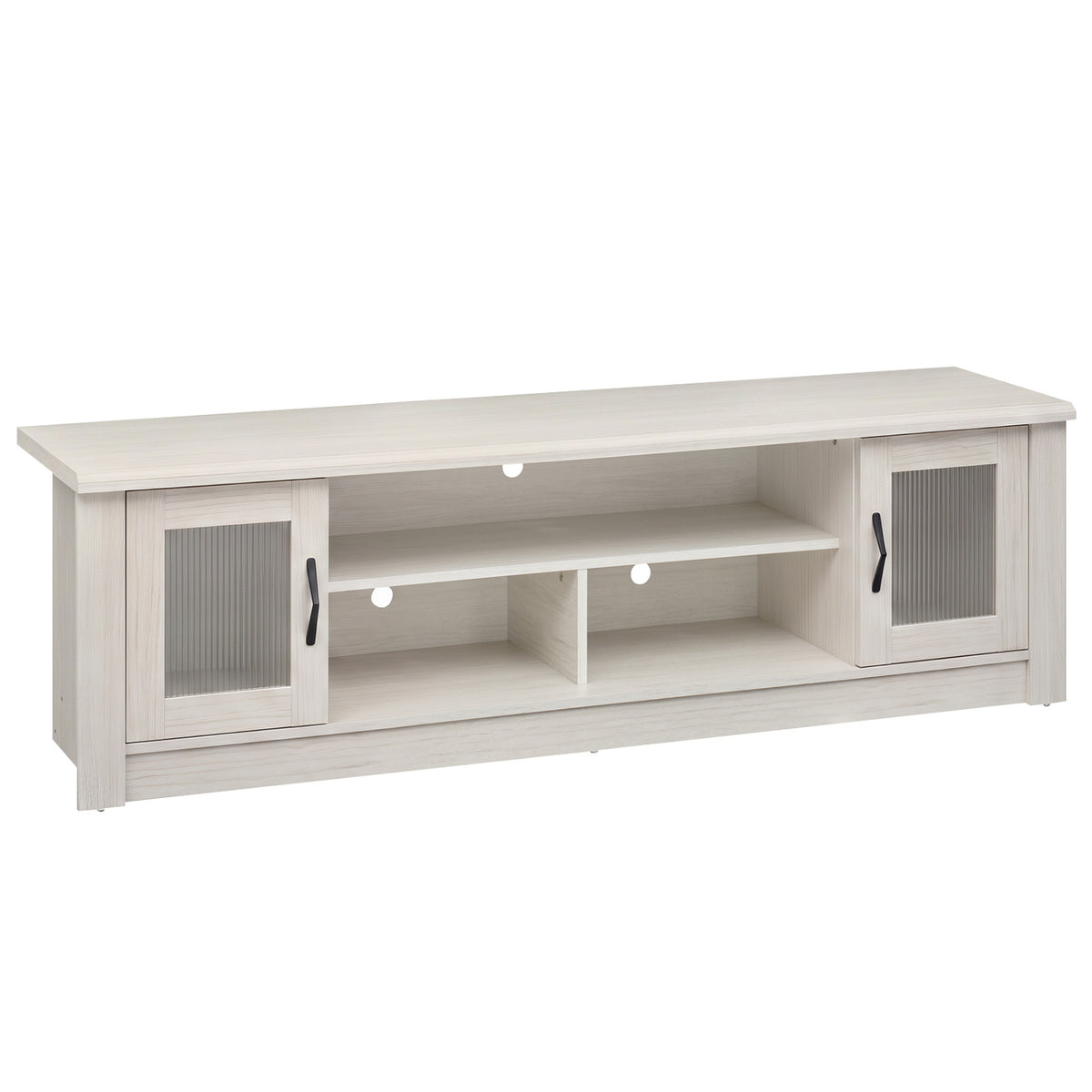 White TV stand shown alone, with two fluted cabinet doors and open center shelves.