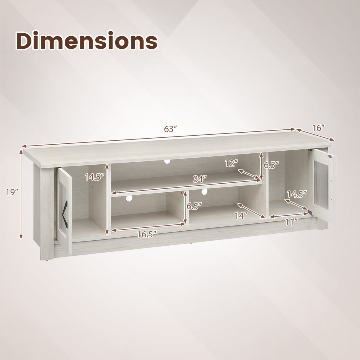 White wood-grain TV stand shown with arrows marking its overall and interior dimensions.
