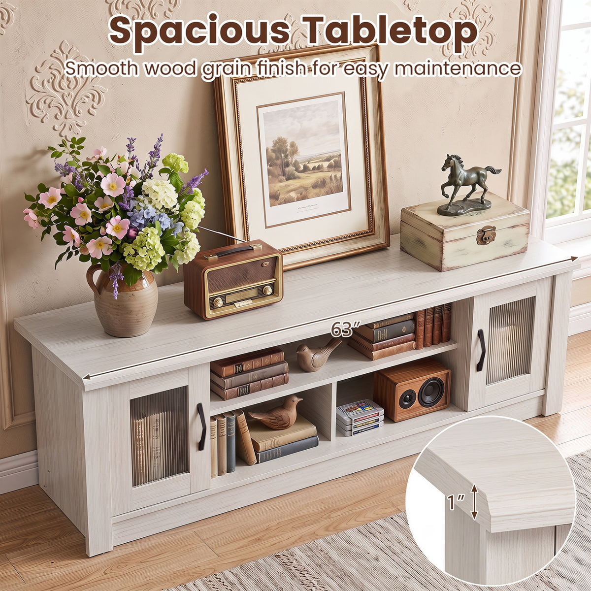 Angled view of the white TV stand with decor on top and a circular close-up of its tabletop edge.