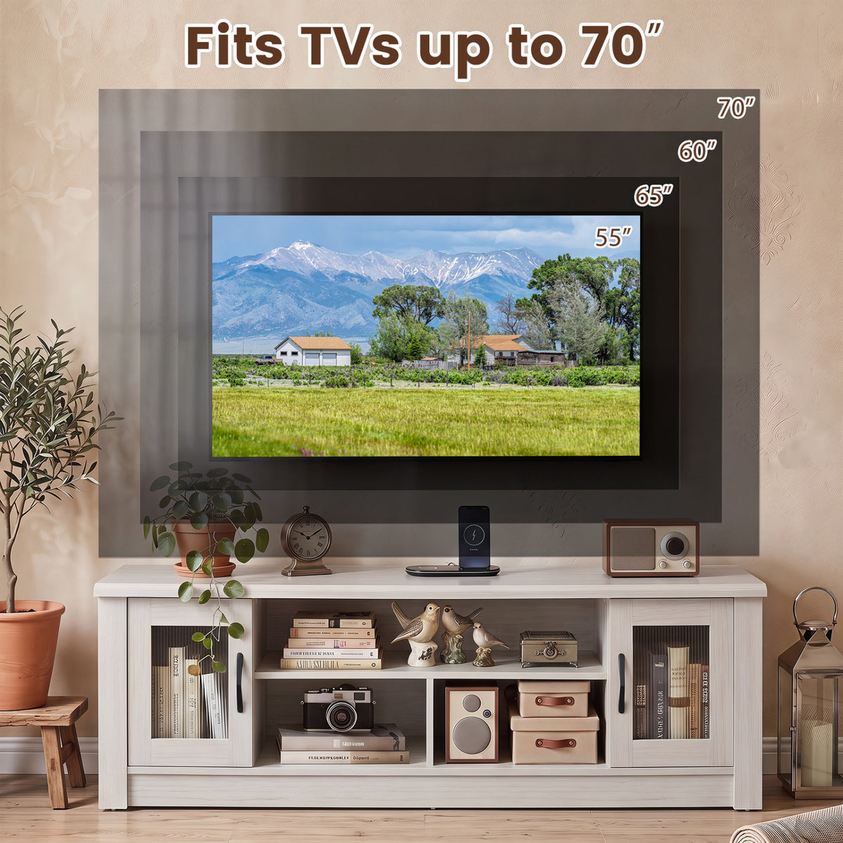 White TV stand beneath an illustrated television with several overlapping screen-size outlines.
