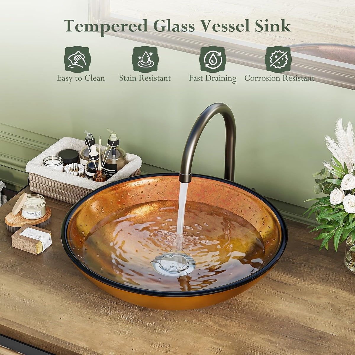Amber-toned tempered glass vessel sink on wood countertop with water running into the drain, close-up